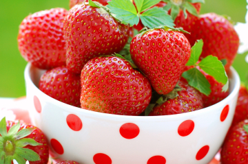ein weißes Schälchen mit roten Punkten gefüllt mit Erdbeeren